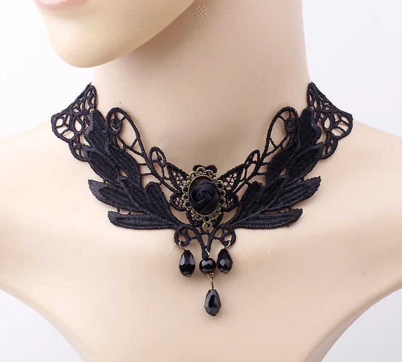 

Nice Women's Style Black Fabric Rose Flower Beads Pendant Choker Lace Necklace Gothic Jewelry False Collar Statement Necklace