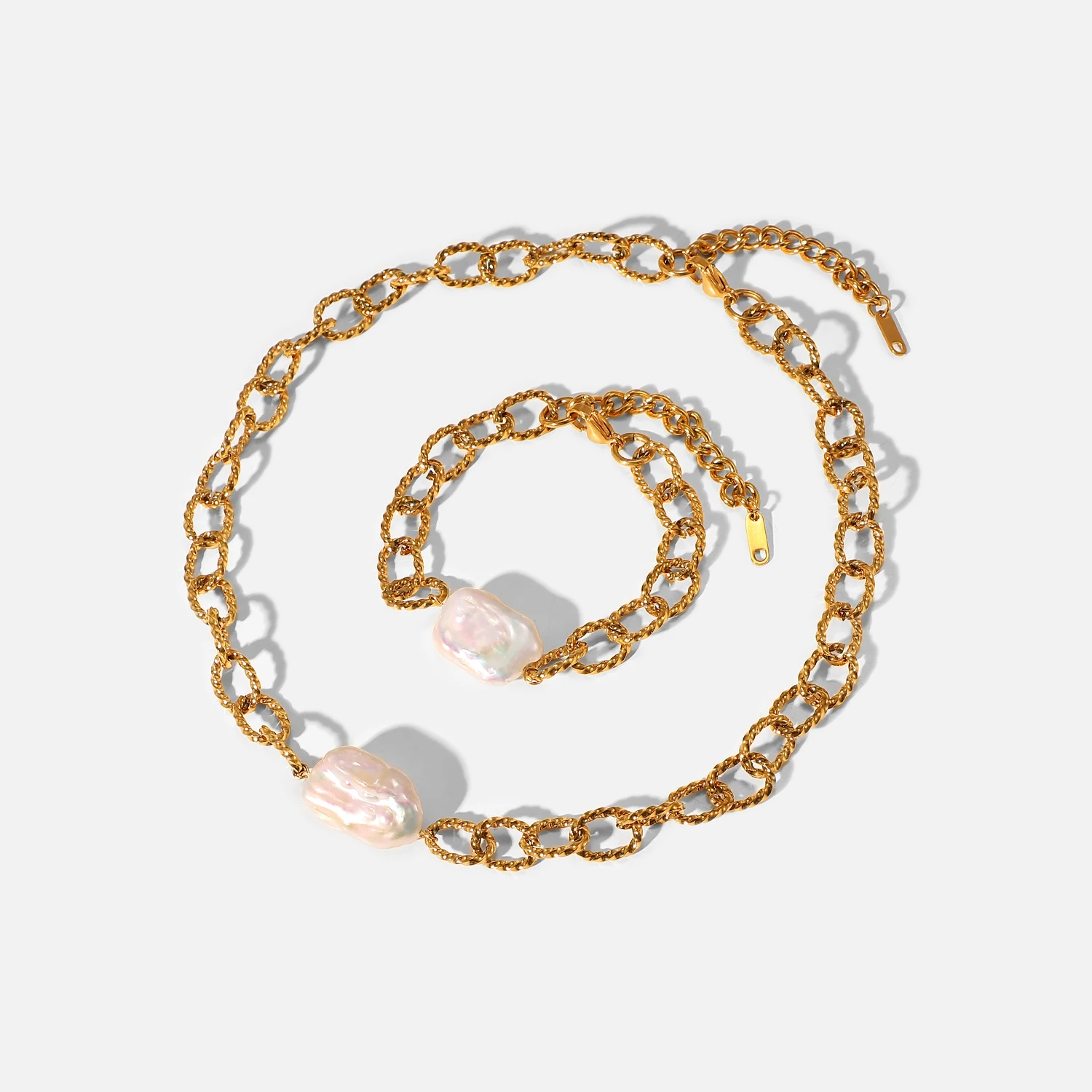 

18K Gold Plated Stainless Steel Rope Necklace Set Baroque freshwater pearl twist chain Bracelet for Women