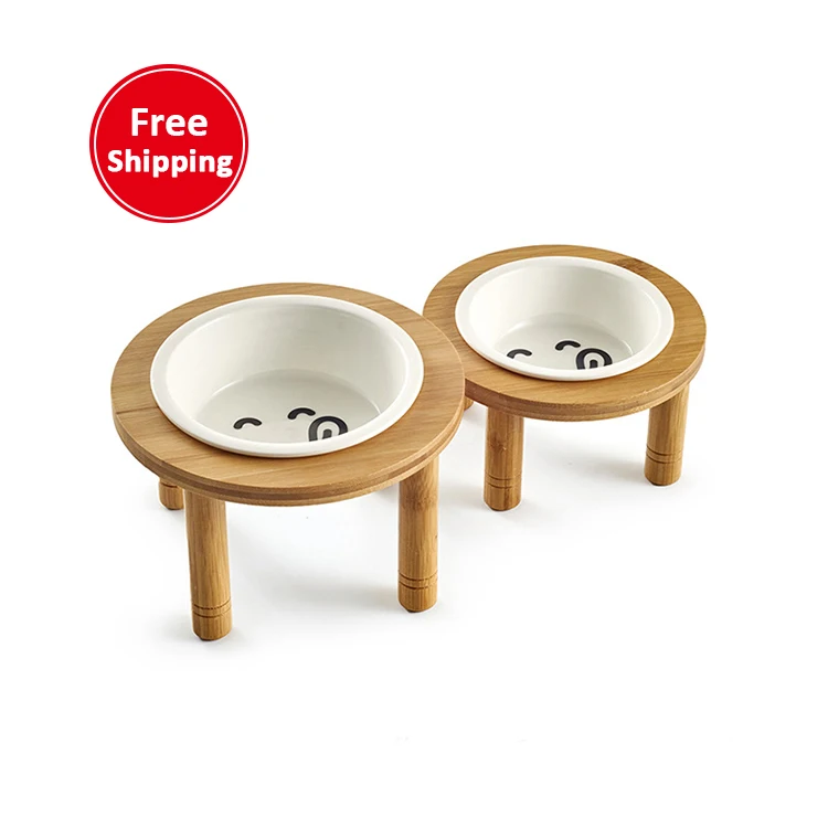 

Round bamboo board cat single bowl anti-overturning protection cervical spine dog cat pet supplies