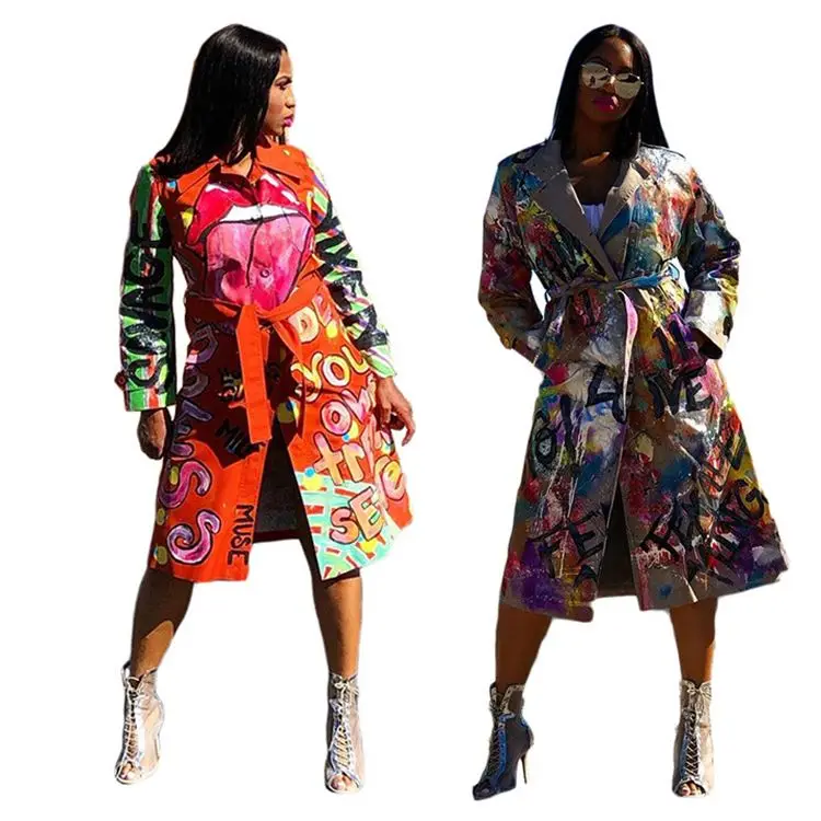 

Wholesale Fashion 2021 Colorful Print Patchwork Bandage Women Clothing Lady Jackets Women Winter Coat Lady Outwear