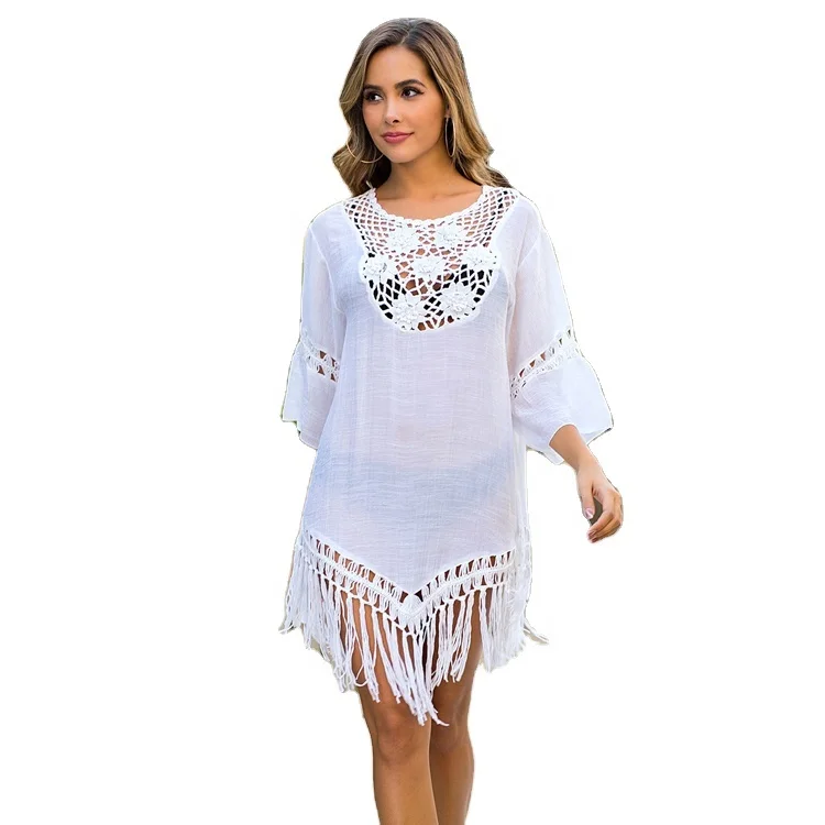 

Fashionable Summer Sexy Tassel See-Through Crochet Beachwear Dress Swimwear Bikini Cover Up For Women, As shown in the pic