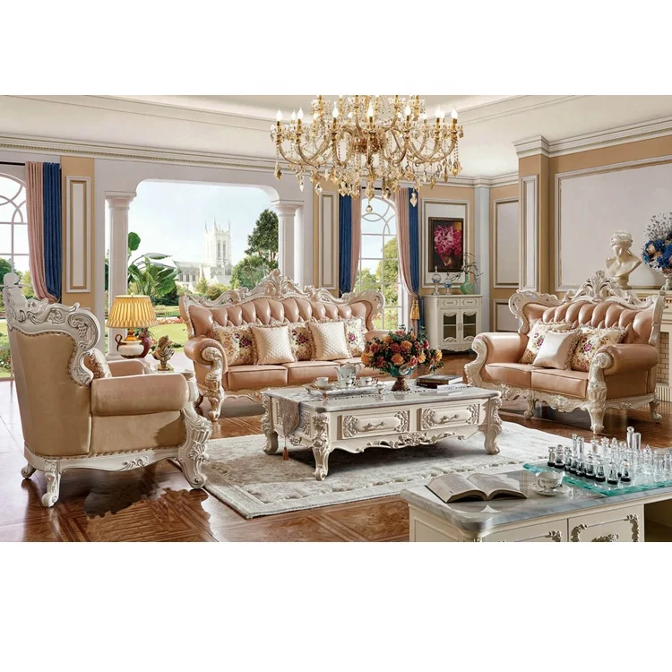 Light pink color 1+2+3 seater luxury sectional royal style antique leather sofa