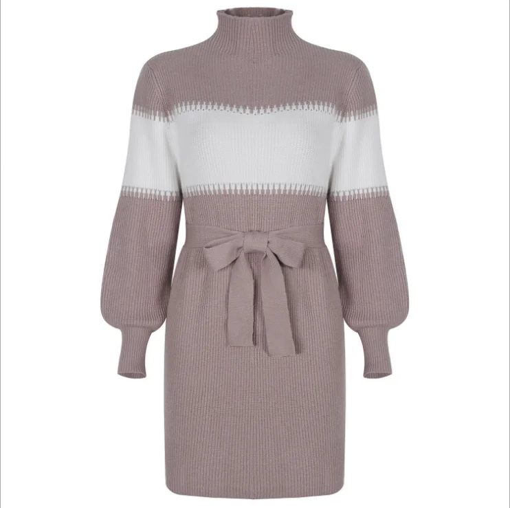 

Autumn and winter new contrast color knitted dress half high neck lantern sleeve matching color wool dress, Picture color