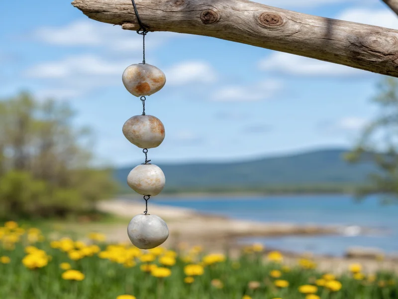 Completed shell wind chime hanging from driftwood branch outdoors