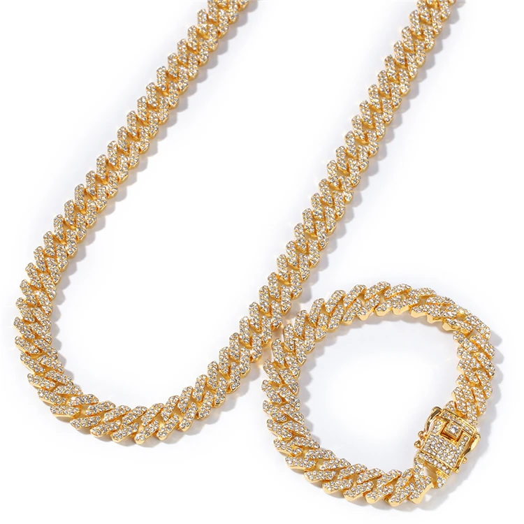 

Personalized New Trendy Hips Hops 2Pcs/Set 18K Gold Plating Geometric Rhombus Bling Crystal Cuban Chain Necklace Bracelet