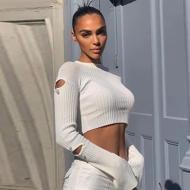 

Hot Sale Solid Color Casual Long Sleeve Tops Women Latest Design Pearl Flare Sleeve Retro Basic Crop Top White Knitting T Shirt