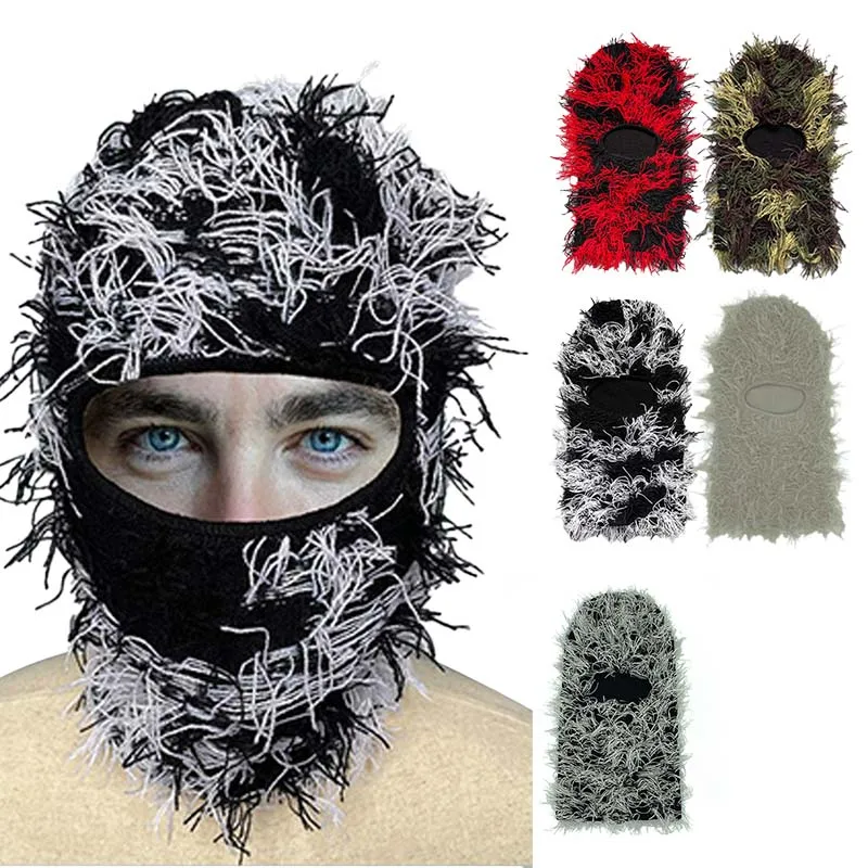 

Hot Sale Custom Logo Fashion Winter Knitted Camo Distressed Hat Balaclava Skimask Knit Grassy Ski Maskss