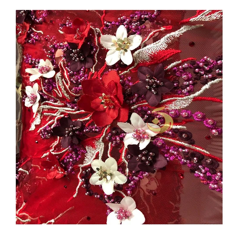 

luxury 3d flower red lace fabrics embroidered fabric wholesale for a nigeria wedding dress