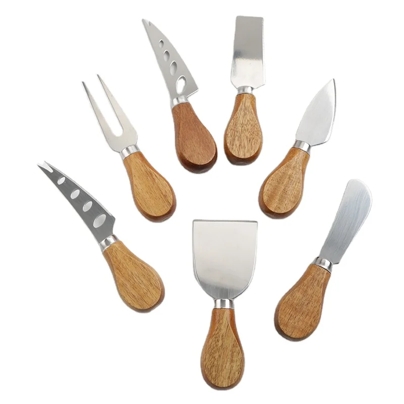 

7 Piece Cheese Knife Set with gift box Complete Stainless Steel Cheese Knives Collection with wooden handle, Silver color