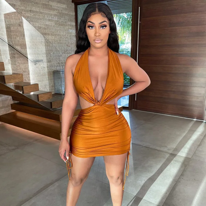 

New Clothing Solid Backless Lace Up Drawstring Cut Out Sexy Halter Dress Summer Dresses Ladies Women 2021 Bodycon Mini Dress, Customized color