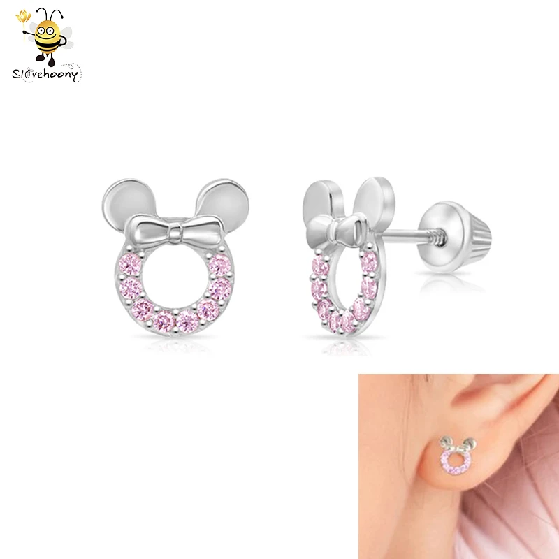 

Teen's Jewelry Pink Miss Mouse Stud Earrings 925 Sterling Silver Cute Kid Mini Cartoon Jewelry, Silver/18 gold plated