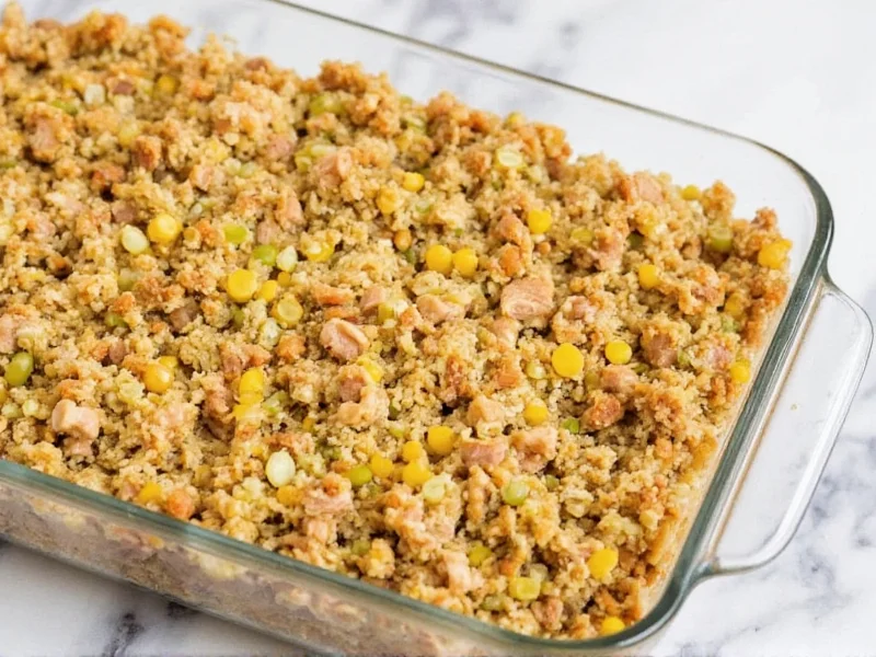 Prepared homemade turkey dressing before baking in glass dish