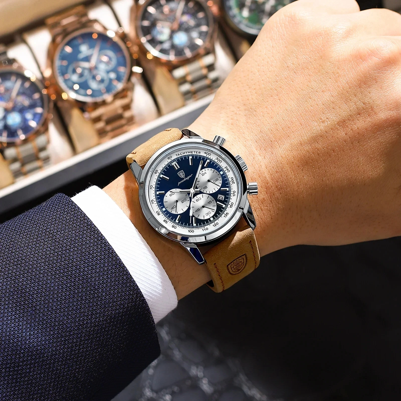 POEDAGAR Luxury Man Watch High Quality Waterproof Chronograph Luminous Men's Wristwatch Leather Men Quartz Watches Clock 921