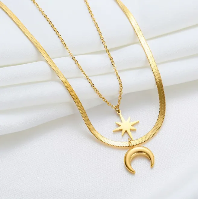 

Simple eight star pendant necklace light luxury minority crescent double clavicle chain Korean sweater chain jewelry women, 2colors