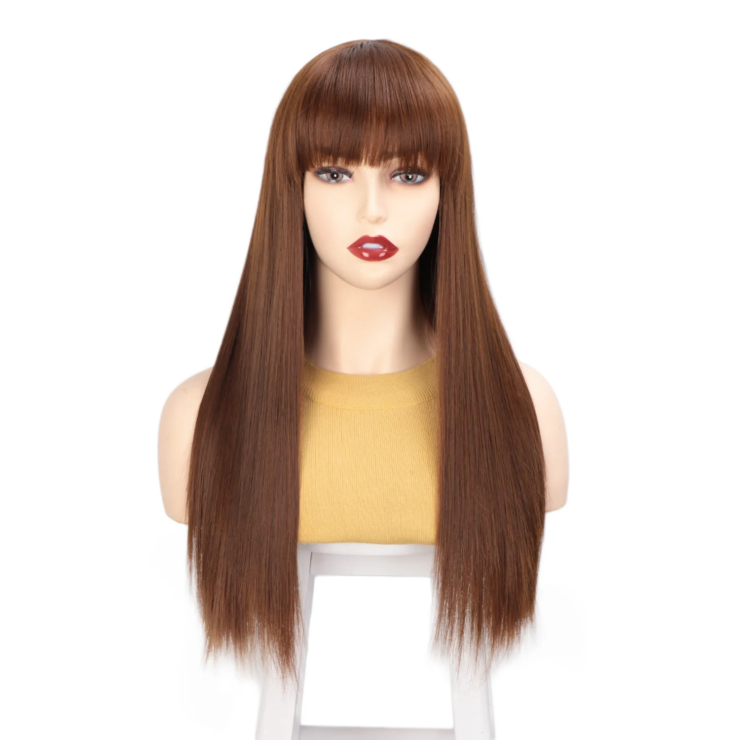 

Aisi Hair Popular Vendor Cheap Wholesale Long Straight Natural Wave Brown Wig With Bangs For Black Women Synthetic Hair Wigs