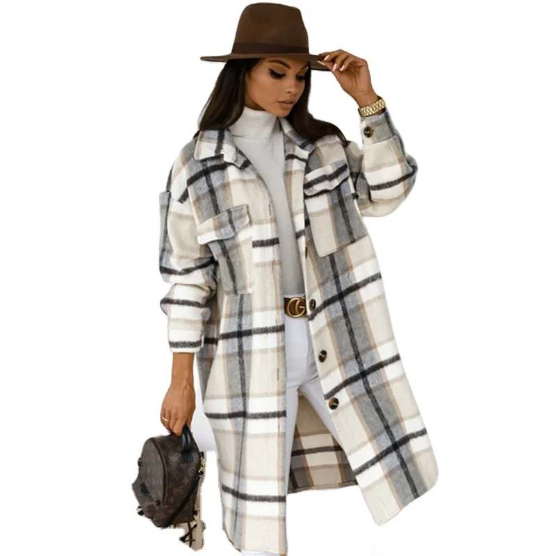 

Women Clothing Winter Gray Oversized Apricot Plaid Jacket Checkered Flap Detail Coat, Customized color