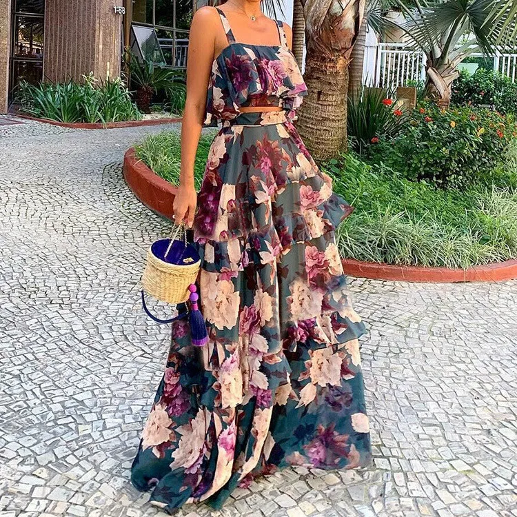 

2021 fashion Wholesale 2 piece sleeveless crop top and maxi skirt sets layered long floral ruffle cake women summer dress