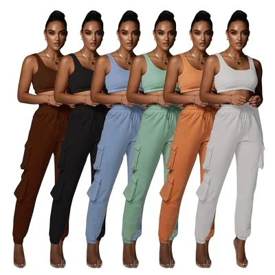 

2021 Summer Fashion 2 Piece Set Drawstring Sweatpants Women Pocket Cargo trajes Joggers two piece pants set