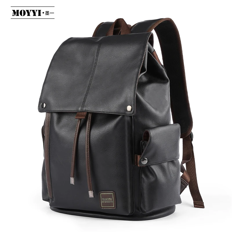 

wholesale High capacity waterproof Pu leather man black school backpack for university students