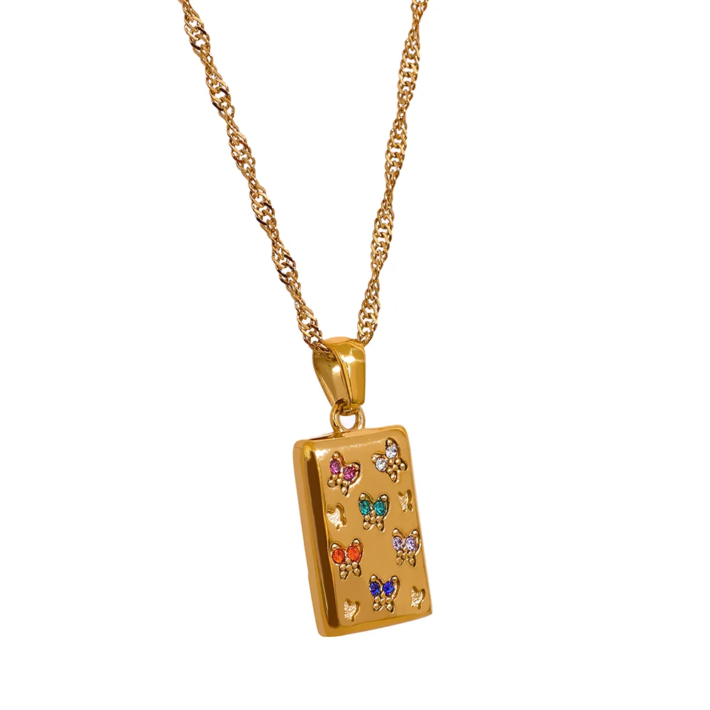 

JINYOU 1482 Colorful Butterfly 316l Stainless Steel Square CZ Pendant Necklace for Women Fashion Gold Color Classic Jewelry