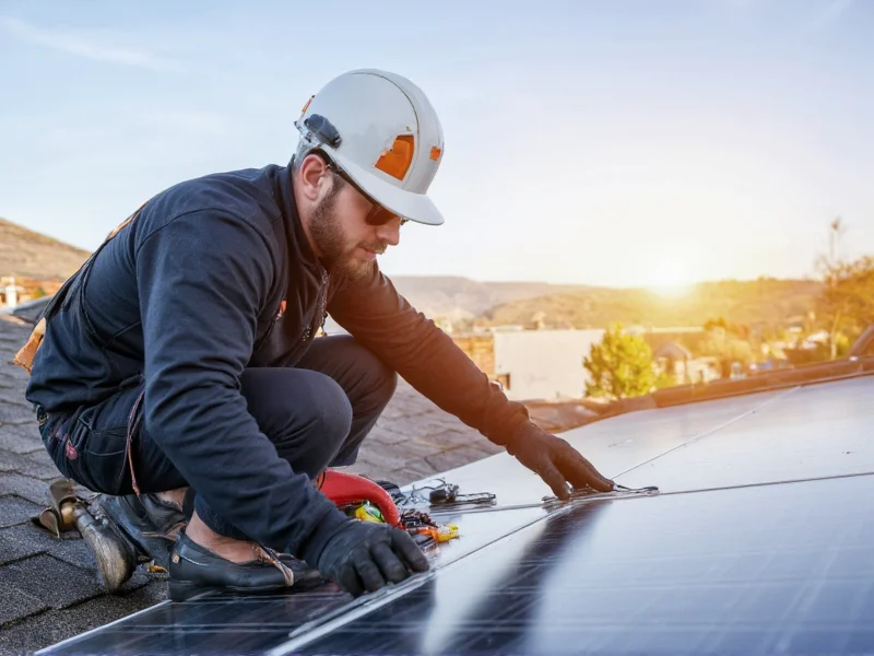 Professional solar installer checking electrical connections on roof