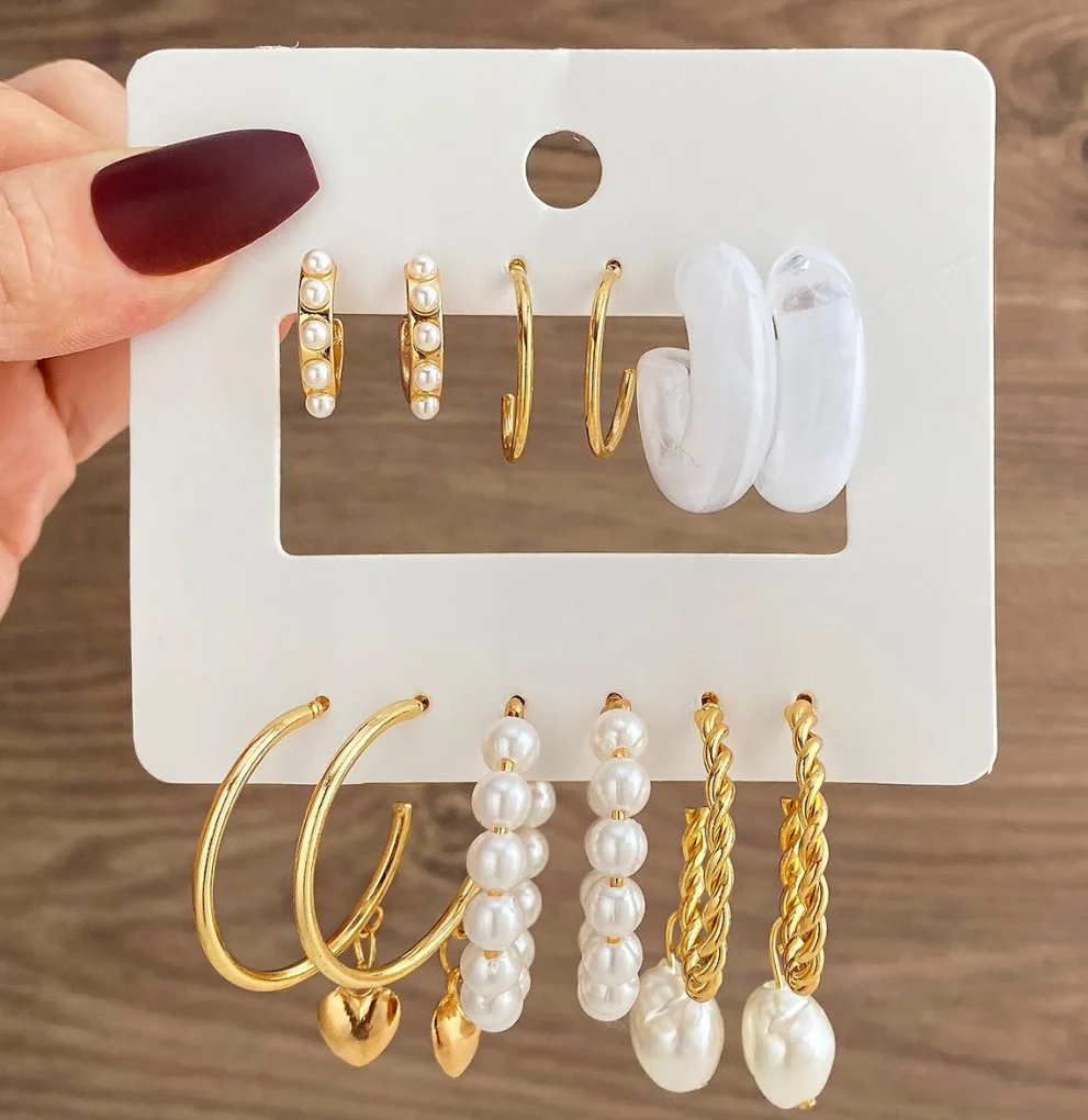 Trendy Geometric Gold Plated Resin Heart Hoop Earrings Set Crystal Geometric Pearl Circle Drop Earrings for Women Jewelry Gift