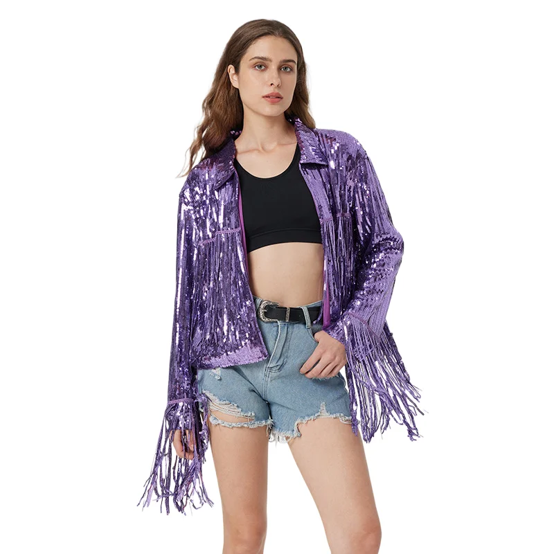 Europe United States Sequin Fringe Cardigan Coat Nightclub Bar Stage Clothing
