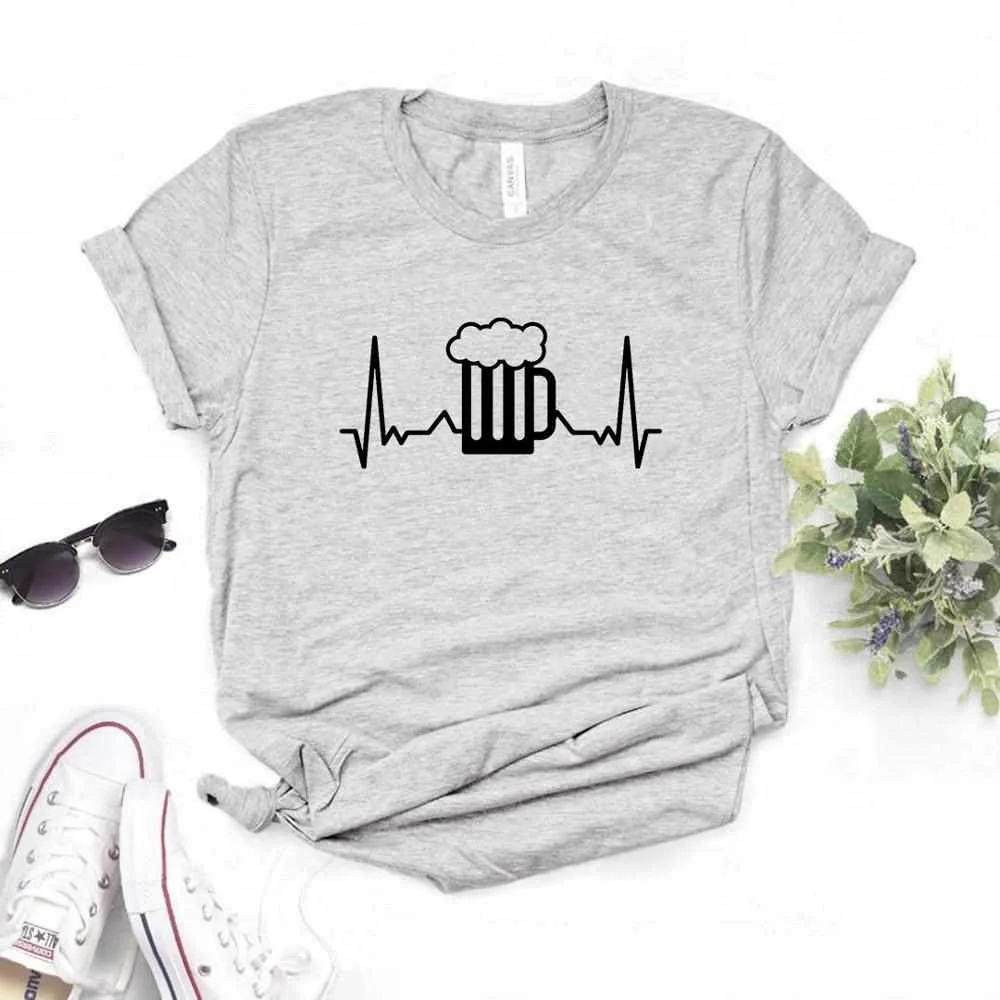 

Women T Shirt Beer Mug Heartbeat Print Tshirt Women Short Sleeve O Neck Loose T-shirt Ladies Summer Causal Tee Shirt Clothes