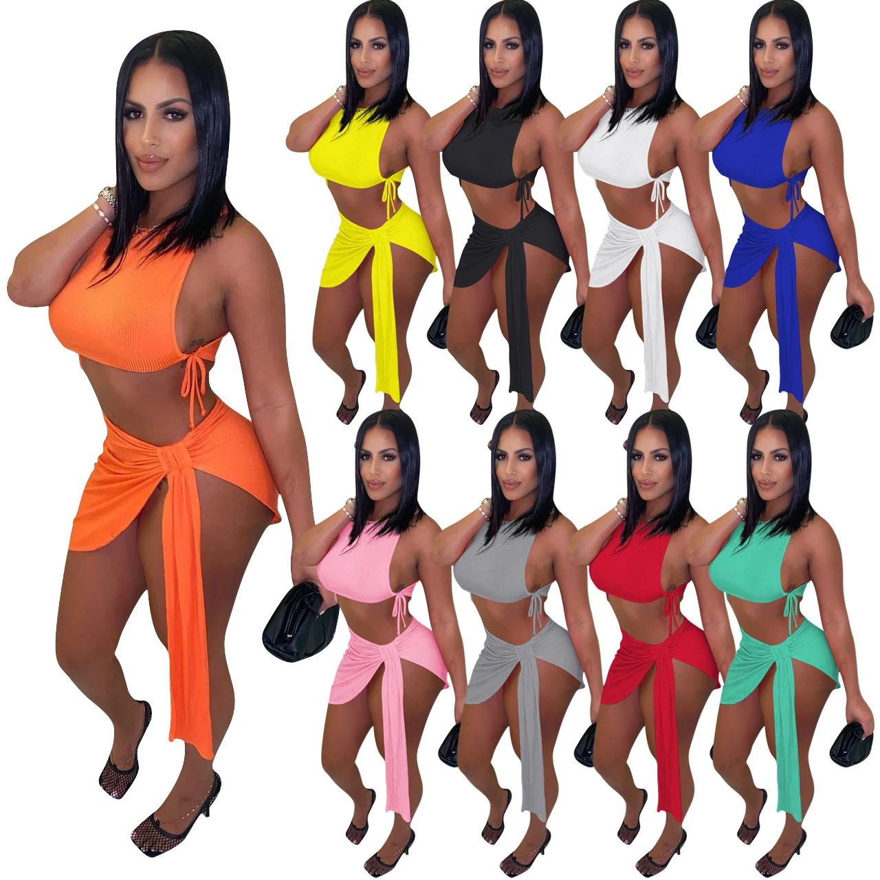 

new high quality sexy women beach multicolor crop top ribbed strap two 2 mini irregular skirt set night club outfit