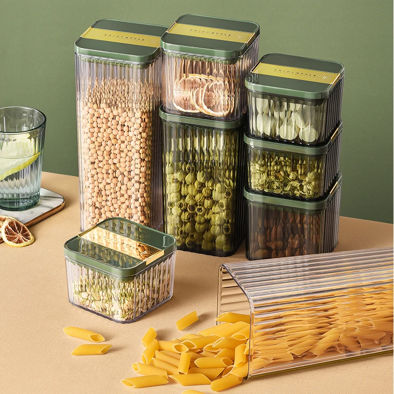 

2021 Small Square Stackable Plastic Kitchen Pantery Airtight Leak Proof Storage Transparent Sealed Cereals and Cereals Jars