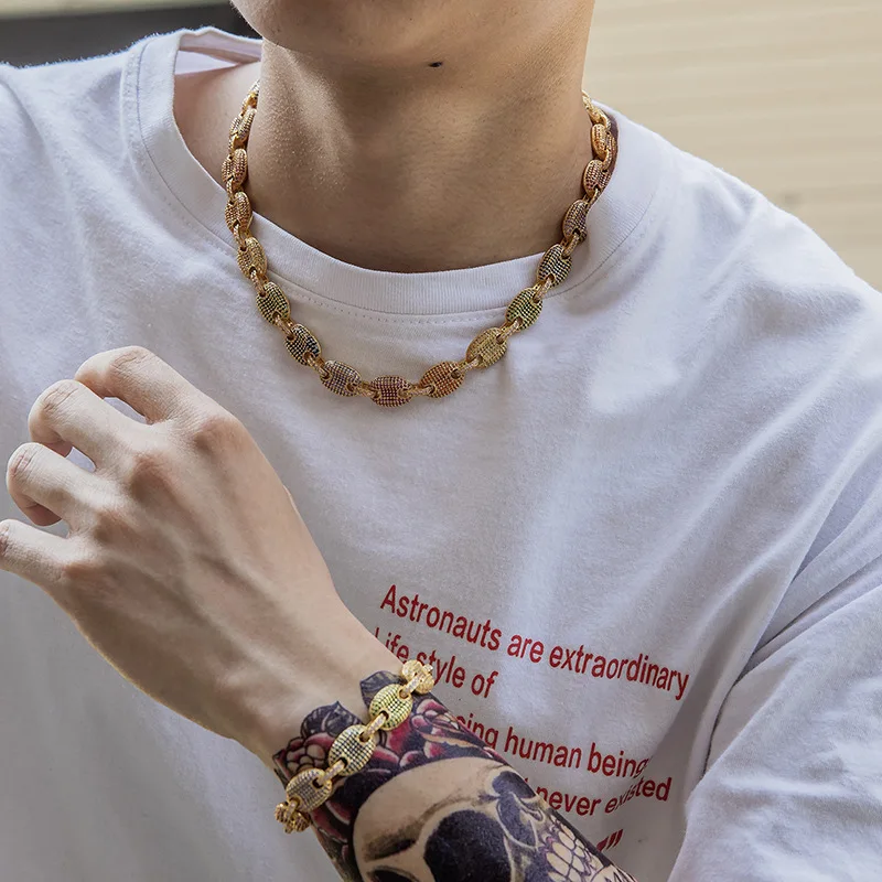 

Hip-hop Style Inlaid Color Zircon Pig Nose Chain Coffee Bean Real Gold Mens Cuban Link Chain Bracelet