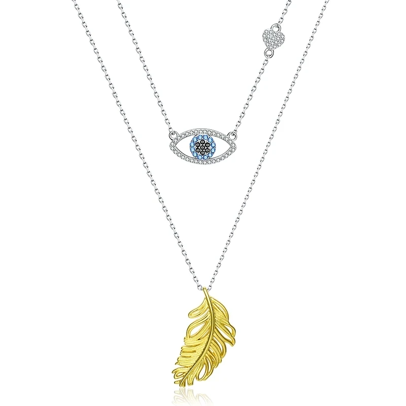 

Wholesale 925 Sterling Silver Blue Evil-Eye Necklace Gold Feather Double Layer Pendant Necklaces, As the picture shows