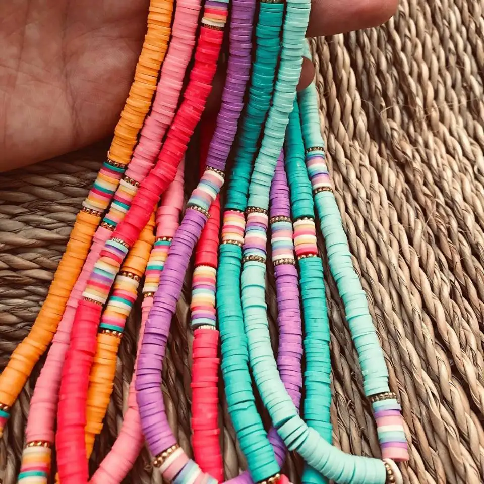 

6mm Beach Heishi Beads Collar Necklaces Rainbow Striped Polymer Clay Strand Surfer Necklace Choker For Women Girl
