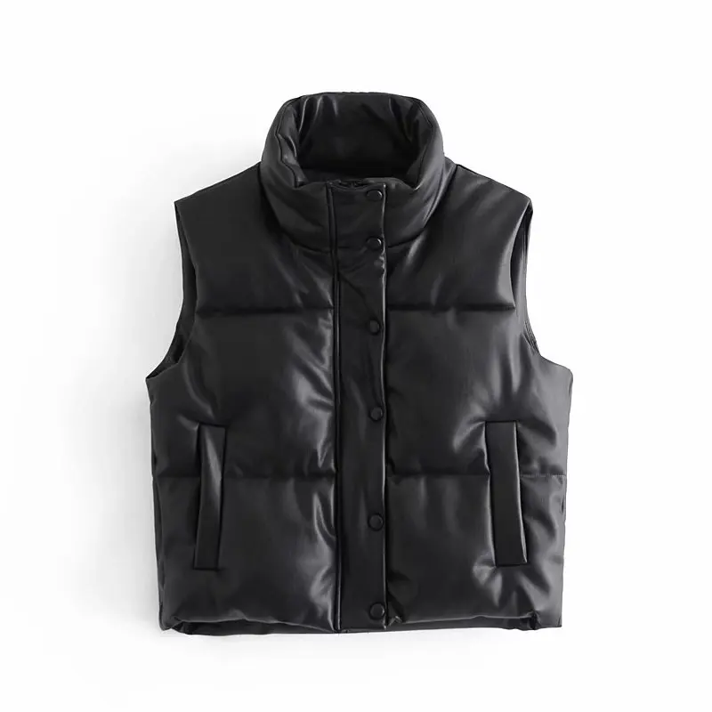 

PU Cropped Puffer Leather Sleeveless Jacket Women Lightweight Quilted Padded Vest Stand Collar Zip Up Front Quilted