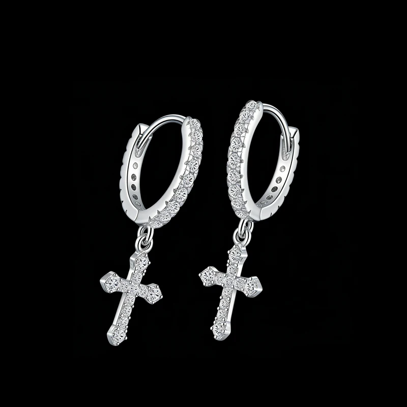 Mens Bling Drop Jewelry 925 Sterling Silver Zircon Cross Hoop Earrings for Daily Wear