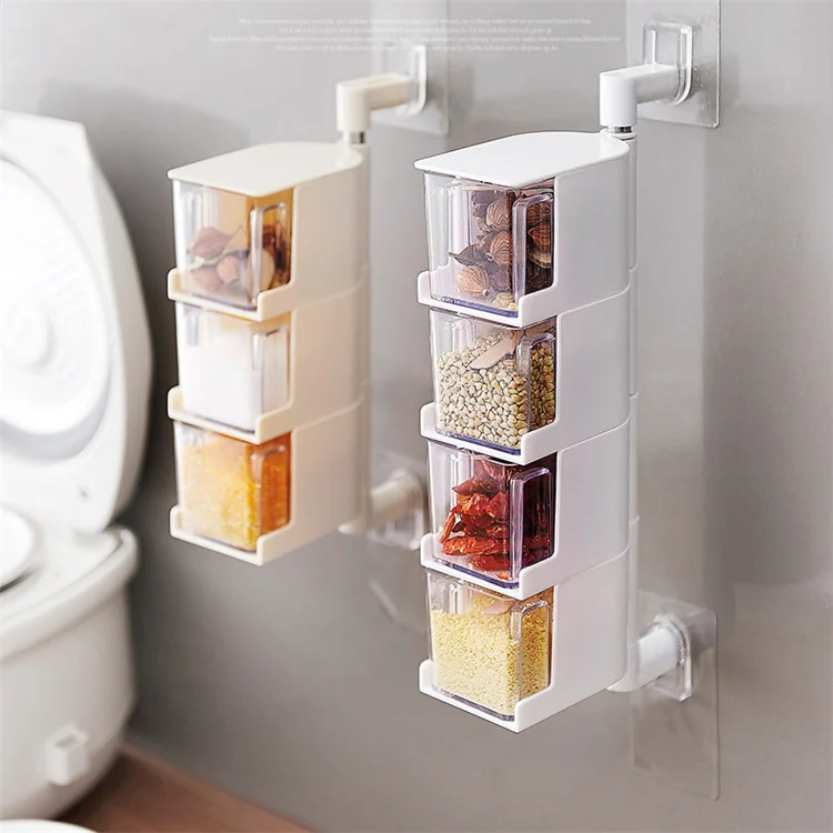 

Cruet Set Condiment Organizer 3-tier Spice Rack Wall Mount Rotatable Spice Rack Revolving Spice Rack Kitchen PP Plastic 300ml, White and grey