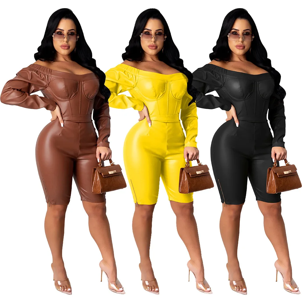 

B35375A 2021 In stock Sexy women off shoulder lady PU jumpsuit