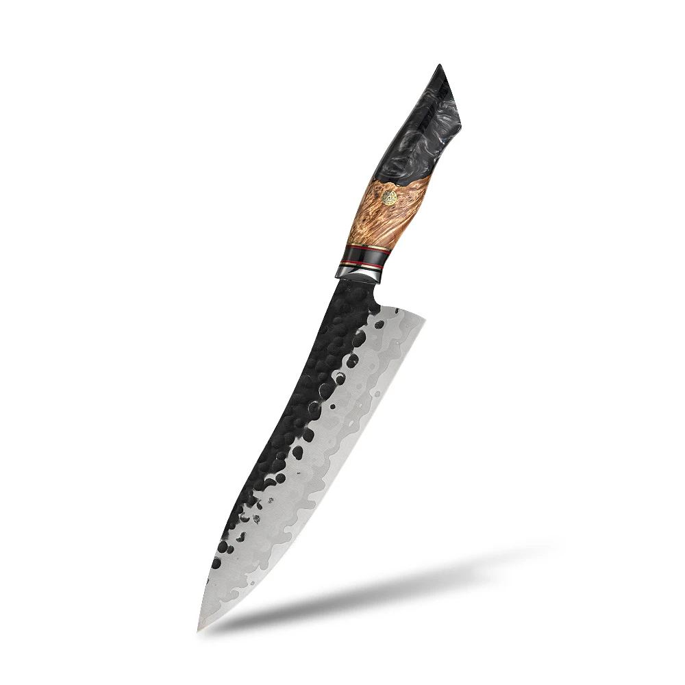

Handcrafe 440C core 7layers High Carbon Steel Knife Black Hammer Stunning Kitchen Chef Knife with Resin Burl Wood Handle Knife