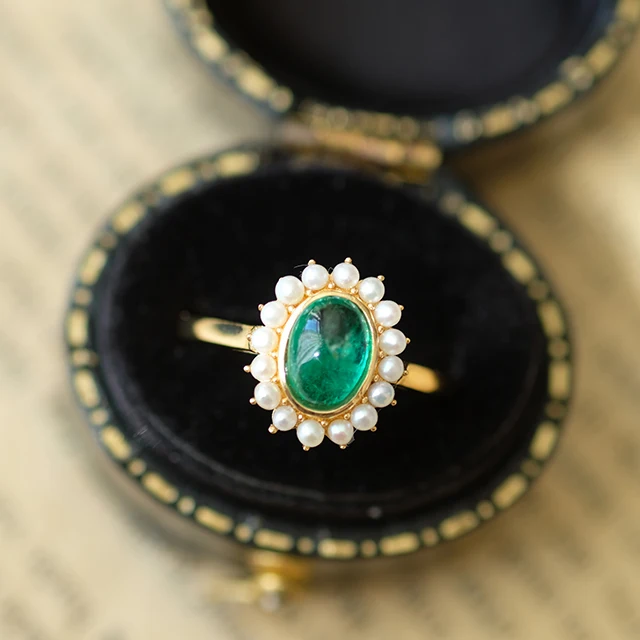 
Vintage Oval Emerald Ring Fresh Water Pearl Halo Ring In 14K Yellow Gold 
