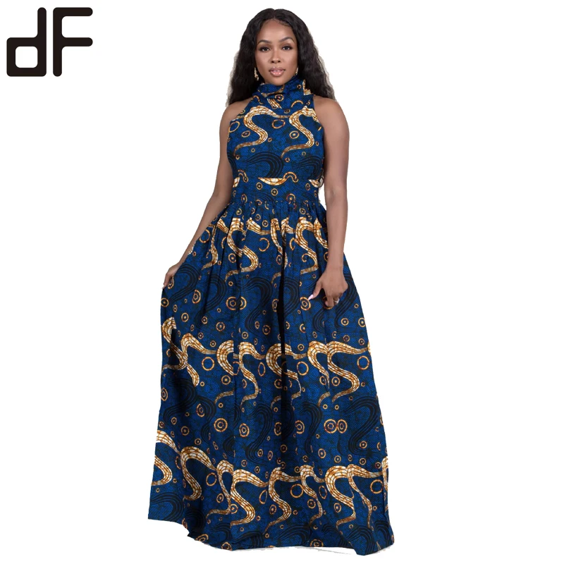 

New Style Kente Wax African Kitenge Dress Designs Halter Neck Sleeveless Women Ethnic Clothing African Dashiki Dress With Belt, Blue