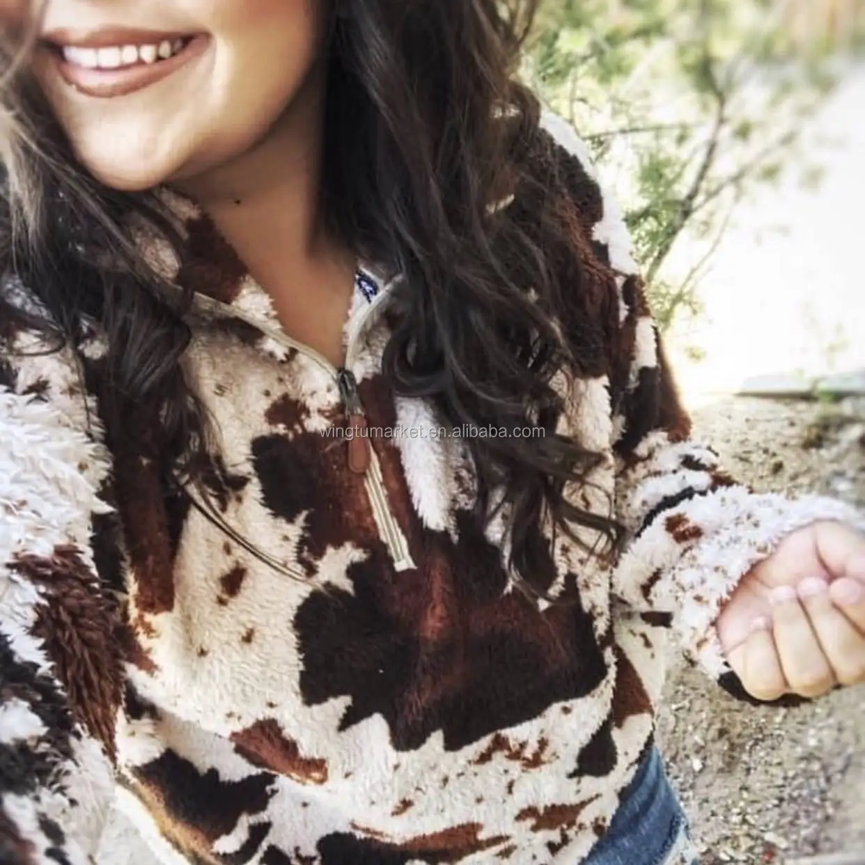 

Winter Faux Fur Hoodie Half Zip Brown Cow Print Fluffy Fleece Stand Collar Jacket Custom Sherpa Pullover Women, Customized color