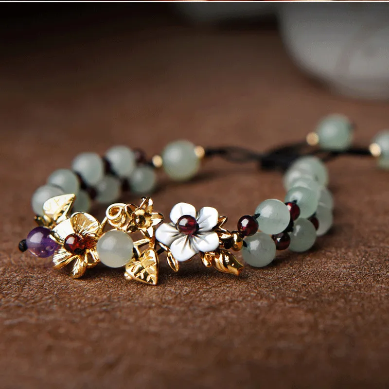 

Jade handmade woven bracelet 24K gold garnet flower bracelet women