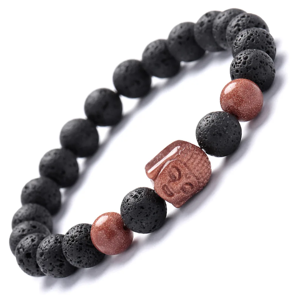 

The couple carved Buddha head natural stone sandstone obsidian tiger eye volcanic rock bracelet stone beaded bracelet, As pic