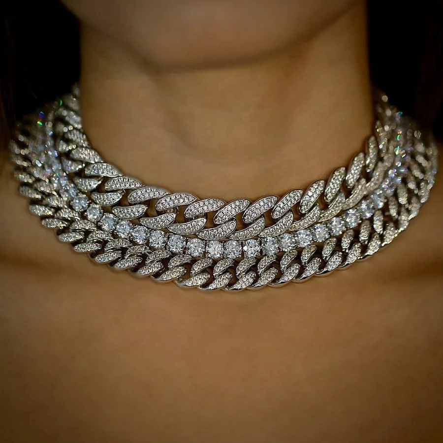 

iced out hip hop bling women men bracelet choker necklace 5A cubic zirconia cz 12mm cuban link chain
