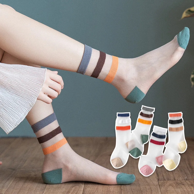 

Summer new wholesale striped sheer crystal glass silk socks women, Picture shows