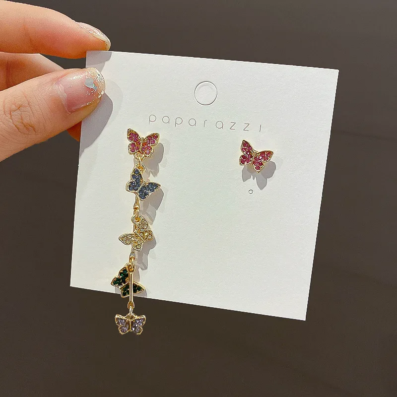 

fashion trendy asymmetry crystal butterfly colorful earrings