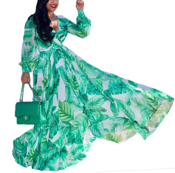 

OEM Custom Summer Chiffon Dress Digital Print Wind Big Skirt Women swear Dresses Long Sleeve Plus Size Girl Maxi Apparel, As picture