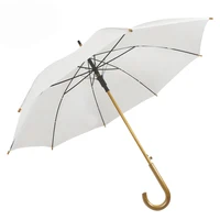 

Fashion design white printing logo on the polyester fabric light brown wedding umbrella with wooden handle