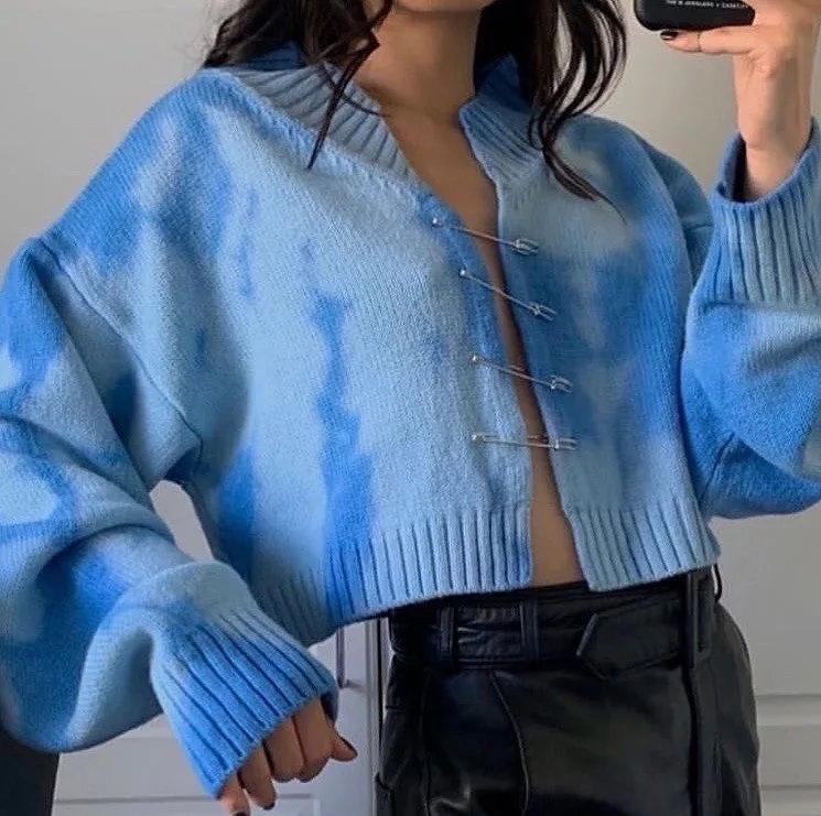 

DVACAMAN 2020 Fall Latest Style Women Blue Tie Dye Knitting Cardigan Pin Loose Sweater Crop Top Coat, As picture