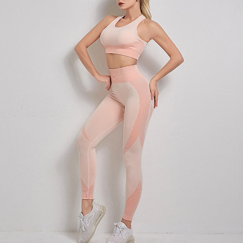 

Women Running Gym Clothing Workout Set Fitness Clothes Tracksuit Sportswear Crop Top Yoga Pant 2/3 Pieces Set Seamless Sport Set, 10 colors, as picture shown
